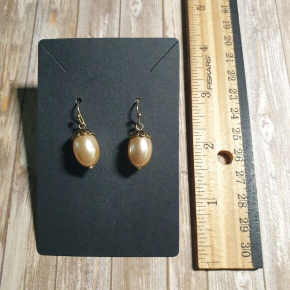 Gold Tone Faux Pearl Drop Earrings Acorn Caps Hook Wires Dangle Fall Women Retro - Picture 2 of 4